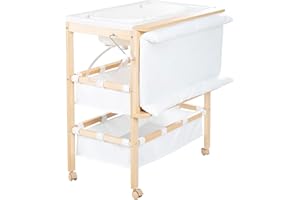 roba Fasciatoio per Bambini e Neonati + Vasca 2 in 1 Baby Pool con Materasso Bianco Girevole sul Lato, Salvaspazio, Scomparti in Tessuto, Legno Naturale