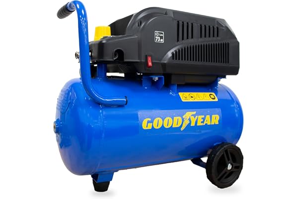 Goodyear - Compresseur sans huile 24 litres 220 V - 240 V. Capacité d'aspiration 140 litres/minute. 2 800 tr/min. Pression nominale 8 bars. Filtre en plastique à faible bruit. Bruit moyen de 79 dB