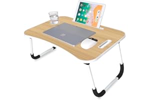 unycos - Plateau de Petit Déjeuner, Table de Lit Pliante Multifonctionnel, Plateau Bois, Support Ordinateur Portable avec Poignée, Porte-Gobelets, Porte-Tablette 60x40x26 cm (Noix sans Tiroir)