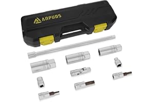 ANPUDS Zündkerzenschlüssel Satz, 3/8 Zoll Zündkerzen-Einsatz-Satz mit 16mm/18mm/21mm, 250mm Verlängerungsstange, Kardangelenk, Bits & Socket für Auto & Motorrad, 10-tlg Zündkerzen Werkzeug