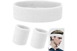 FENQURO 3 Piezas Muñequera Set Muñequeras Deportivas para Hombre y Mujer Diademas Deportivas Muñequeras Absorbentes para Gimnasio Pulsera de Algodón Colorida Banda de Sudor（Blanco）