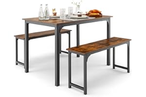 HOMASIS 3-teilige Essgruppe, Esszimmertisch mit Stühle für 4 Personen, Sitzgruppe mit 2 Bänken aus Holz & Metall, Esstisch-Set im Industriestill, Küchenmöbel für Esszimmer, 110 x 70 x 75 cm (Braun)