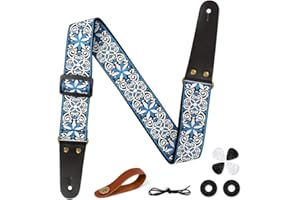Aucuu Sangle Guitare, Sangle en Jacquard avec Extrémités en Cuir, Sangles de Guitare pour Guitare Réglable, Brodé Jacquard Styles Vintage en Vedette,pour Sangles Guitare Acoustique/Électrique ou Basse