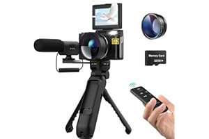 OKA GUTE QUALITÄT Fotocamera digitale 4K, videocamera 48 MP, fotocamera digitale 16X, fotocamera compatta con grandangolo + lente Macro, batteria da 800 mAh, scheda TF da 32 GB, stabilizzatore, microfono e telecomando