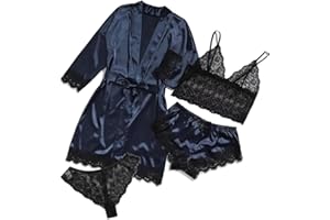 AudMsier Pijama De Satén De Cuatro Piezas para Mujer, Ropa Interior De Encaje, Bata Corta con Cinturón, Ropa De Seda