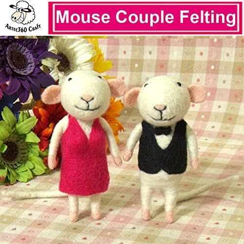 YSZ White Mouse Couple Needle Felting Kits 8cm - Needles, Finger Guards, Foam Mat, Instructions