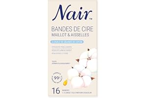 Nair Bandes de Cire Froide, pour le maillot et les aisselles, kit à domicile pour femmes, enrichie en huile de graines de coton, 16 bandes et 2 soins finition douceur.