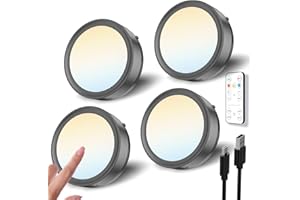 TEDMOS Spot LED Rechargeable USB avec Télécommande, Noir Dimmable Lampe de Placard Ronde Eclairage Vitrine LED Sans Fil Spot Cuisine Sous Meuble Autocollant Lampe Armoire Tactile Veilleuse Murale Adhesive