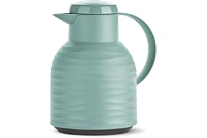 ‎EMSA Emsa Samba Wave Isolierkanne, 1 Liter Fassungsvermögen, Quick Press Verschluss, 100% dicht, 12h heiß und 24h kalt, mit Glaskolben, made in Germany, Puder-Grün, N4010800