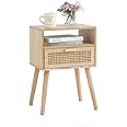 MaxSmeo Modern Nightstand Rattan Side Table with Storage, Farmhouse End Table for Living Room, Bedroom and Small Spaces, Accent Bedside Tables with Solid Wood Legs, Easy Assembly (Natural Walnut)