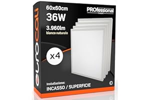 EUROCALI 4x Pannelli LED 2in1 Incasso o Superficie 36W 60x60cm - Luce Bianco Naturale 4000K - Installabile Senza Cornice o Supporto