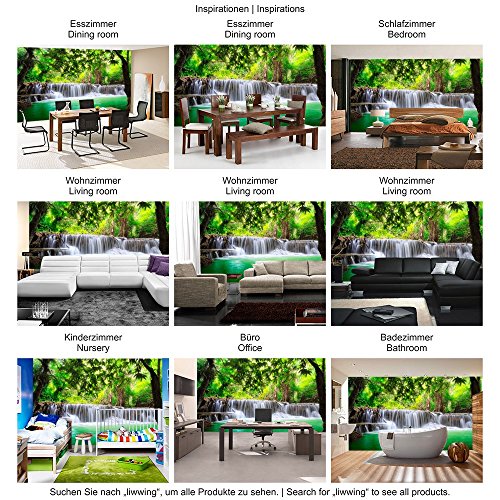 Vlies Fototapete PREMIUM PLUS Wand Foto Tapete Wand Bild Vliestapete – DEEP FOREST WATERFALLS – Wasserfall Bäume Wald Thailand See Wasser Meer – no. 067, Größe:300x210cm Vlies - 4