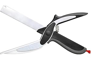 BAKAJI Tijera Cúter inteligente de comida 2 en 1. Combina tijera con tabla de cortar y cuchillo de cocina con guía para el corte. Ahorra tiempo y esfuerzo. Acero inoxidable. Muy fácil de usar y limpiar.