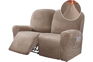 BellaHills 6-Pieces Recliner 2 Seater Covers Velvet Stretch Reclining Couch Covers for 2 Cushion Sofa Slipcovers Furniture Covers Form Fit Customized Style Thick Soft Washable, Taupe