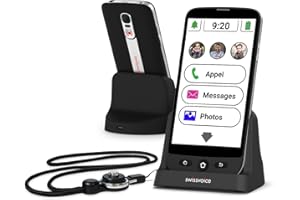 SWISSVOICE - Smartphone S510-C + Charging Cradle + Neck Strap - Easy to use - Big Buttons - SOS Geolocation Button - Smartphone Seniors 4G - Unlocked - Black