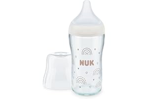 NUK Perfect Match - Botella de cristal con tetina de silicona suave, 230 ml, a partir de 3 meses, sin BPA, anticólico, con control de temperatura, color blanco