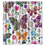 BBFhome Hem Gewichte Modische Badkollektion Custom Wasserdicht Nahtlose Frühling Muster Bunte Schmetterlinge Duschvorhang 168 x 180 cm mit 12 Haken