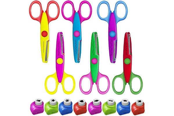 Ciseaux Enfant 6pcs - Ciseaux Cranteurs et de Bordure de Sécurité en Zigzag à Motif de Vague Créative Coloré - Avec 8pcs Poinçon et Perforatrices à Motif