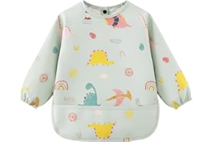 AOOTE Bavaglini a Manica Lunga, Bavaglini Impermeabili con Maniche, Bavaglino per Svezzamento con Tasca, Bavaglino Unisex Bambini, Lavabile in Lavatrice, Materiale PU, per 6 a 12 Mesi, Dinosauri