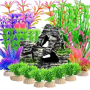 23PCS Aquarium Plastic Plants with Rockery View?Artificial Aquarium Plant and Aquarium Mountain?Reef Rock Cave for Fish Tank Ornament Decoration,Safe for All Fish (Mixed Colors)