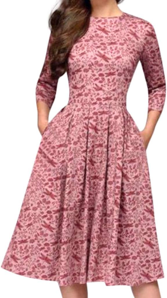 YuyuanDO Women Fashion High Waist Half Sleeve Fancy Retro Floral Casual Dress Party Dress Elegant