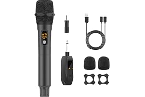 Aveek Micrófono de karaoke de 2,4 GHz, juego de micrófono inalámbrico con receptor, micrófono de mano inalámbrico profesional, micrófono dinámico recargable de 200 pies para DJ, fiesta, boda, idioma