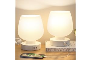KAKANUO Set di 2 Lampada da Comodino Touch Dimmerabile in Vetro Bianco con Porte USB-C+A, Piccola Lampada da Tavolo, Abat Jour da Comodino con Filo per Camera da Letto Soggiorno Ufficio(Lampadine Inclusa)