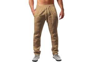 Runcati Męskie lniane spodnie jednokolorowe, długie, lekkie spodnie letnie, luźny krój, spodnie rekreacyjne ze ściągaczem, na urlop, plażę, na co dzień