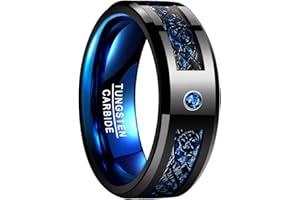 NUNCAD Ring Herren/Damen Keltisch Schwarz-Blau mit Kohlefasern, Zirkon, Unisex Wolfram Ring 8mm 6mm Breit für Hochzeit, Verlobung, Partnerschaft, Größe 52 bis 78