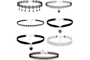 KOLZEMV 7 Pièces collier ras de cou femme, Collier Choker Ras du Cou Ensemble Mode Collier de Étendue Velours Stretch Gothiques Tatouage Choker La Longueur Réglable pour Femmes Filles