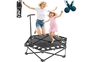 CHIDIAM 42'' Fitness Trampoline with Adjustable Handle One-Click Folding & No Assembly Mini Trampoline Rebounder for Adults Indoor & Outdoor Max Load 300KG