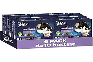 FELIX Le Ghiottonerie - Cibo Umido Gatto Adulto, Bocconcini in Gelatina con Manzo e Pollo, Salmone e Tonno. 60 Buste da 85 g