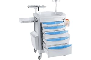 ‎KALOLARY Kalolary Medical Emergency Trolley with ABS Material, Laboratory Utility Trolley with 5 Drawers and 4 Quiet Wheels, Laboratory Trolley with 2 Bins for Laboratory, Clinic, Hospital, Salon