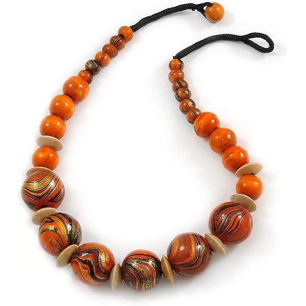 Collana Lunga Unica In Legno E Vetro Multicolore 90 Cm - Gioiello Etnico Funky Per Donna