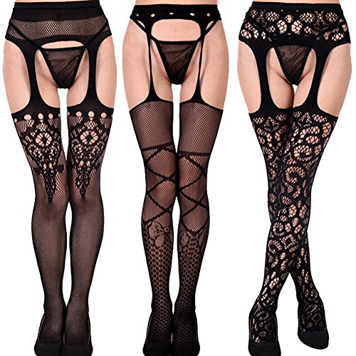 Preisvergleich Produktbild Mangotree 3 Stück Damen Strumpfband Strumpfhosen Spitze Strumpfhalter Sexy Netz Strumpfhose Oberschenkel Strapsstrümpfe Dessous (EU32-40, 3 Stück)