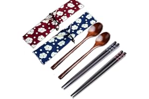 Haosell Juego de 2 palillos y cucharas de madera, juego de cubiertos de madera, prácticos cubiertos para cocina, hogar, restaurante, palillos de chopsticks de madera ecológica