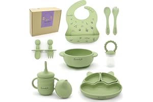 Acenotch Little Tots Baby Feeding Set 10-Piece Suction Plate Toddler Plates Kids Plates BPA-Free Non-Toxic Includes Baby Cup, Bowls, Weaning Set & More – New Parents (Olive)