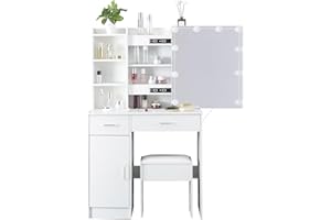 Jrswin Dressing Table with Mirror and Cushion Stool, White Vanity Makeup Desk with Lights and Drawers, Cosmetic Dresser Makeup Vanity Set for Girls Bedroom Furniture