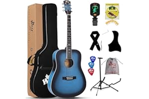 Winzz Guitarra Folk Acústica 4/4 Adulto Para Principiantes, Incluye Funda, Afinador, Correa, Púas, Un Juego Extra de Cuerdas Y Un Soporte Para La Guitarra (Azul)