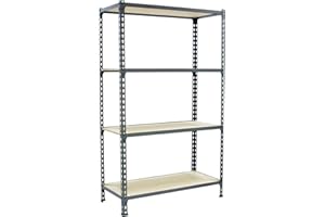 Simon Rack Scaffale Metallo Garage e 4 Ripiani, Capacità di Carico 150 kg e Punto di Flessione, 1500x1000x400 mm, Metallo, Scaffalatura per Garage, Grigio/Legno - Maderclick
