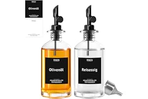 HMJIA Ölflasche und Essig Set für Küche mit Edelstahl Ausgießer 2er-Pack 350ML Olivenöl Flasche Kaffee Sirup Spender mit 96 Aufkleber (Schwarz)