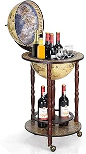Portabottiglie Mappamondo GOPLUS In Legno Con Ruote - Carrello Bar Vintage 88x70x45cm - Foto 4