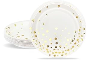 ZVK Assiettes à dessert 18cm Paillettes dorées Assiettes en Carton jetables Blanc 24 pièces Vaisselle Jetable pour baptême, anniversaire, mariage