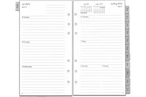 YHH Recambio Agenda 2025 2026 Semana Vista, 6 Anillas, 95 x 171 mm, Agenda Personal con Pestañas Mensuales, Hojas de Notas Contacto, 12 Meses, Agosto de 2025 a Julio de 2026, Papel Grueso, 100 gr