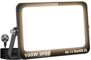 RIGIDON Faretto LED 100W, Faro da Esterno con Spina, Faretti 10000LM Impermeabile IP66, Fari Led Interna ed Esterna 3000K Bianco caldo Fari di Sicurezza per Giardino, Cortile, Garage
