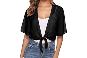 CGGMVCG Trendige Tops für Frauen Frauen Tie Front Chiffon Kurzarm Cropped Sheer Bolero Cardigan T-Shirts für Frauen