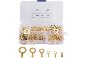 KINDPMA 150Pcs Terminales Faston Redondos Terminales Eléctricos Anillo Aislante Cable M3 M4 M5 M6 M8 M10 Latón Anillo Terminales de Cable para Altavoces Coche Automóviles Motocicletas