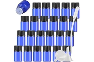 TIANZD 25 Pack 2ml Mini Bottiglia di Olio Essenziale in Vetro Blu Bottiglia con Riduttore dell'orifizio, per Oli Essenziali, Contenitori di Aromaterapia, Cosmetici Riutilizzabile