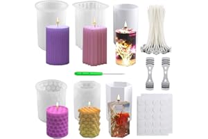 NICAVKIT 6Pcs Silikon Kerzenform Kit, 3D DIY Silikonform Kerzen-Gießen Formen und Kerzendocht Set, Zylinderförmig Kerzenformen zum Gießen als Heimdekorationen, Bastel Ornamente, DIY Duftkerze