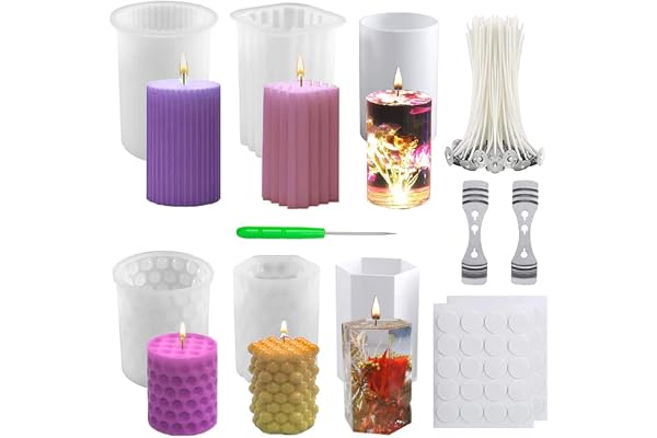 NICAVKIT 6Pcs moules à bougies en silicone, 3D DIY en silicone moules et mèches de bougies, moules en silicone cylindriques pour décoration de la maison, ornements, bougie parfumée, savon